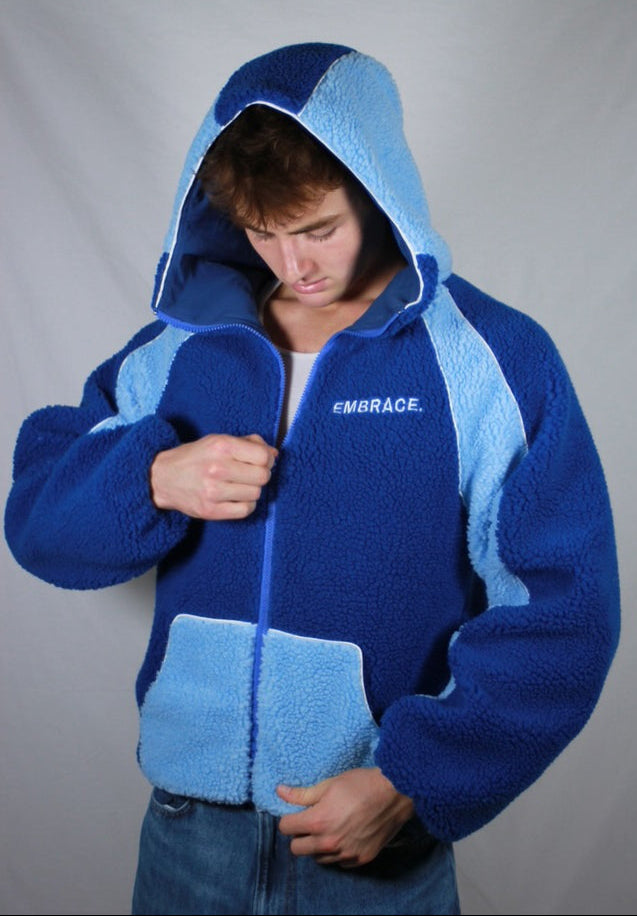 BLUE SHERPA FLEECE ZIP-UP.