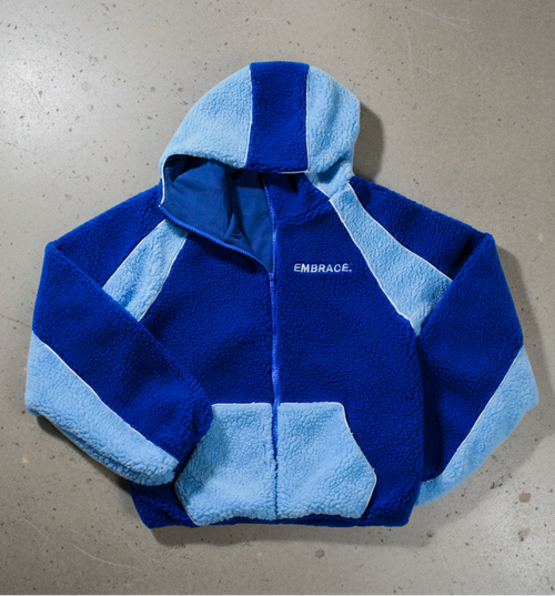 BLUE SHERPA FLEECE ZIP-UP.